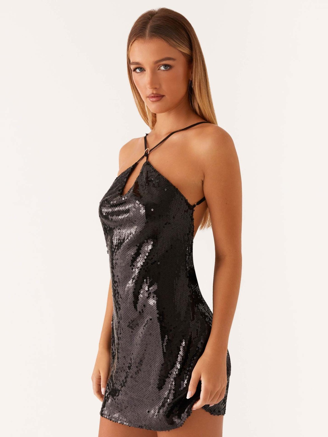 Sparkling Black Sequin Mini Dress with Halter Neck