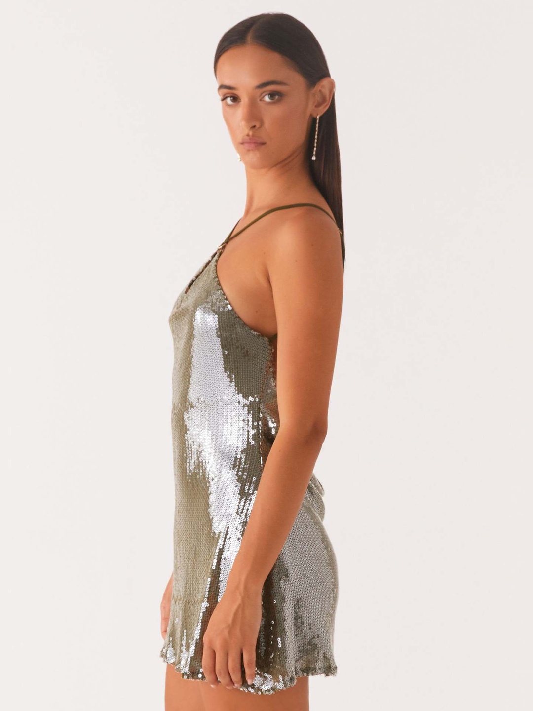 Copper Sequin Mini Party Dress with Strappy Halter Neck