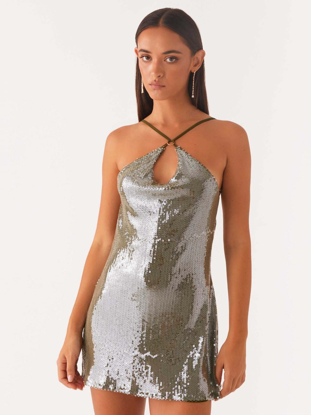 Copper Sequin Mini Party Dress with Strappy Halter Neck