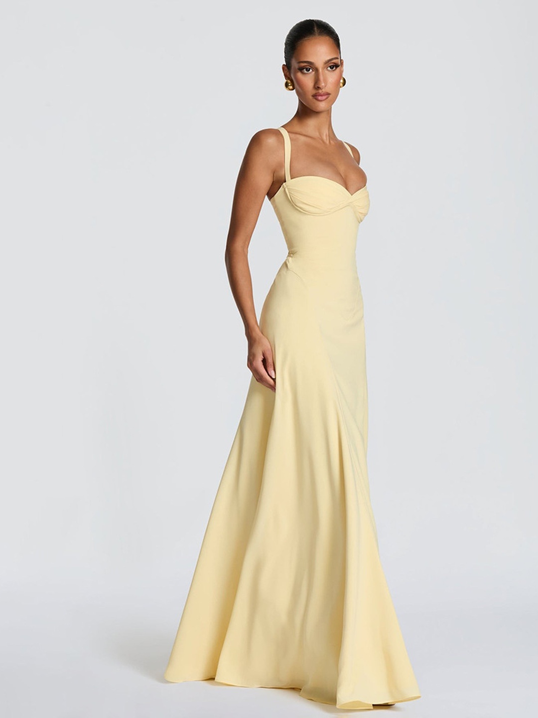 Yellow A-Line Maxi Evening Gown with Strappy Ruched Bodice