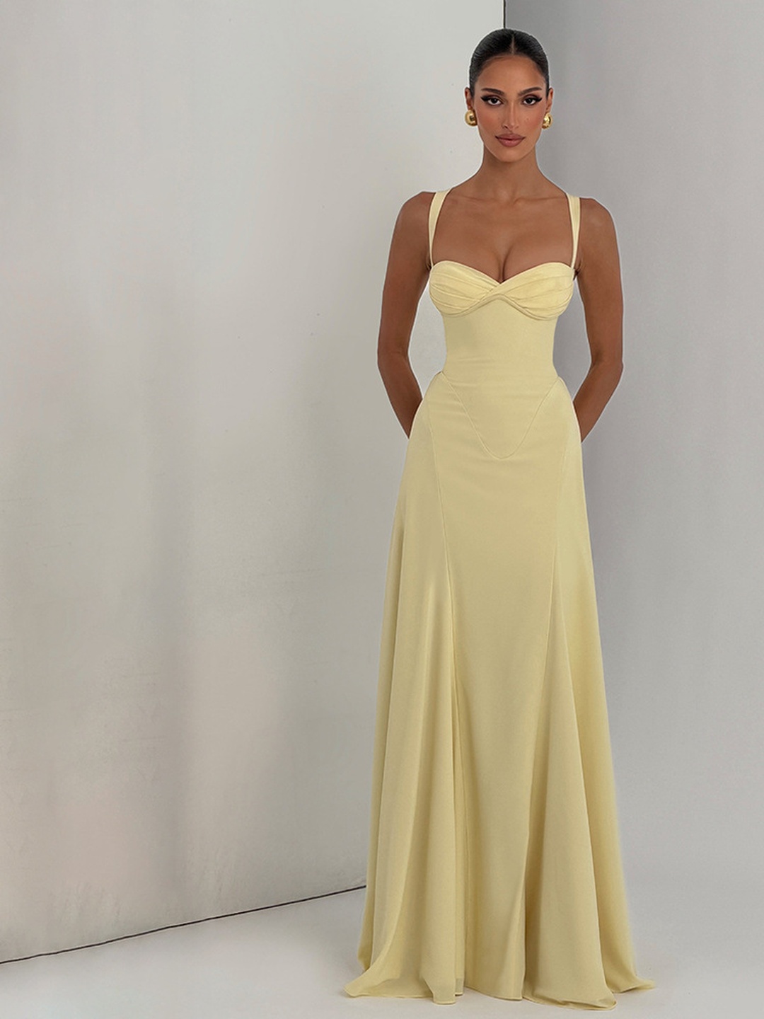 Yellow A-Line Maxi Evening Gown with Strappy Ruched Bodice