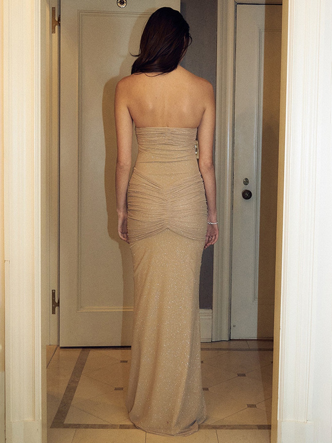 Beige Sequin Strapless Mermaid Maxi Dress