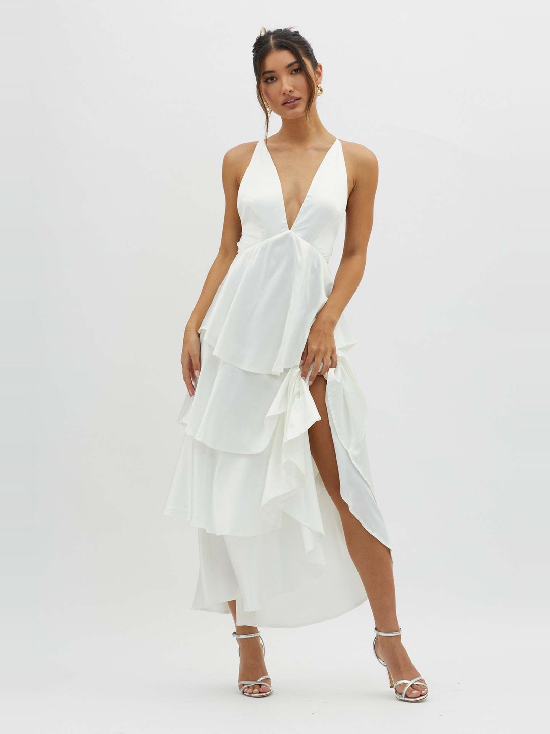 White Tiered Maxi Dress with Deep V Neck and Side Slit