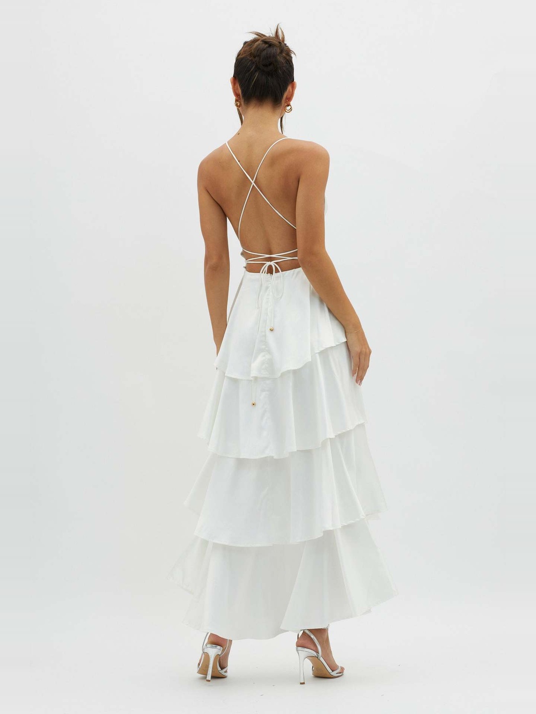 White Tiered Maxi Dress with Deep V Neck and Side Slit