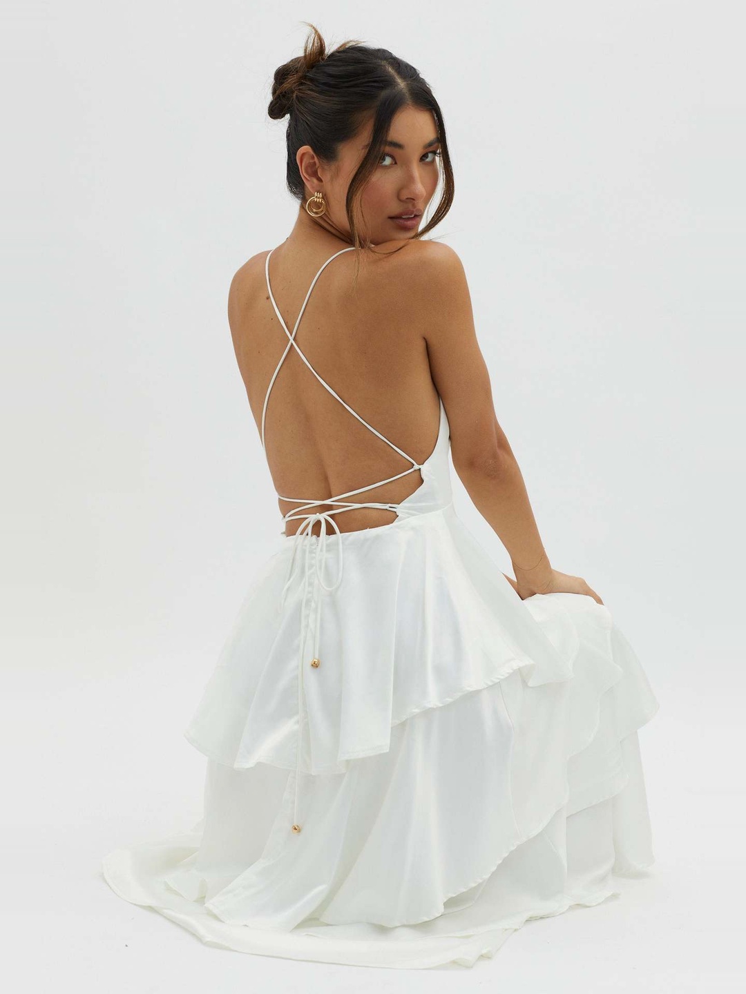 White Tiered Maxi Dress with Deep V Neck and Side Slit