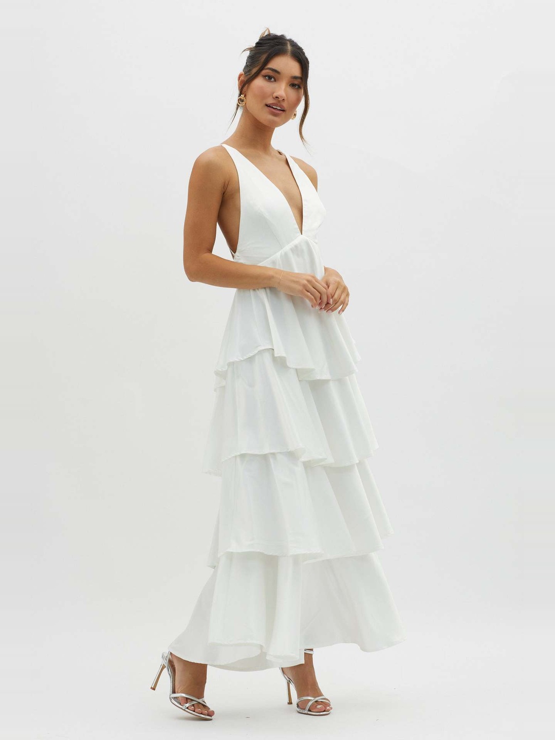 White Tiered Maxi Dress with Deep V Neck and Side Slit