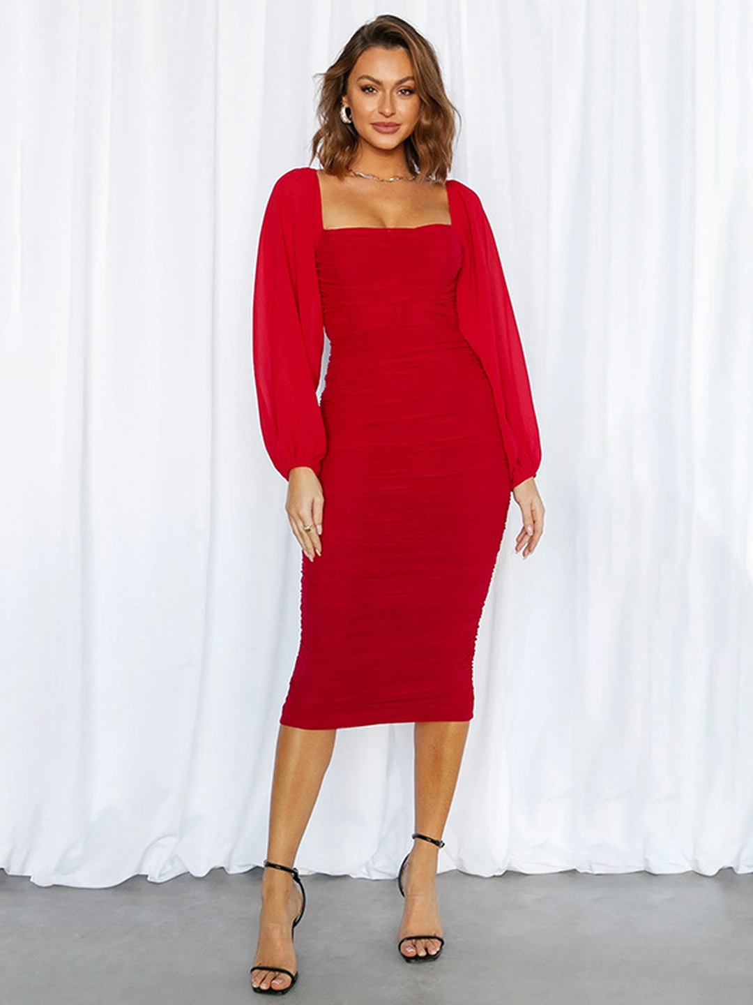 Red Bodycon Midi Dress with Long Sleeves