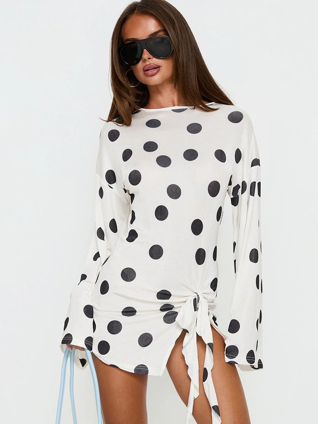 White Polka Dot T-Shirt Mini Dress with Long Sleeves