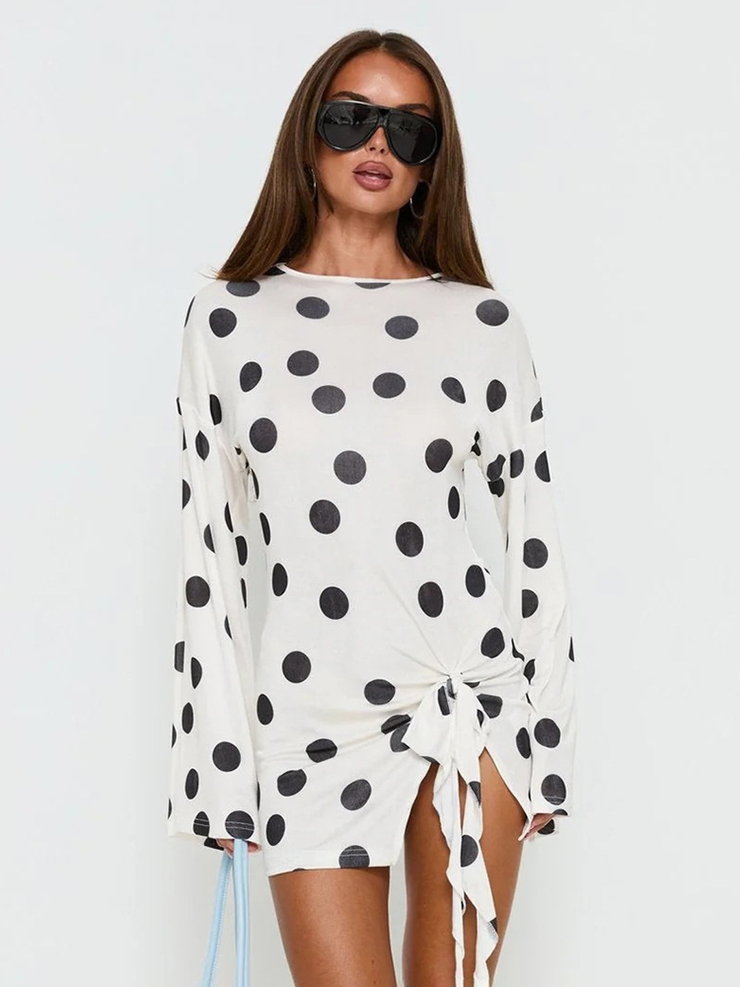 White Polka Dot T-Shirt Mini Dress with Long Sleeves