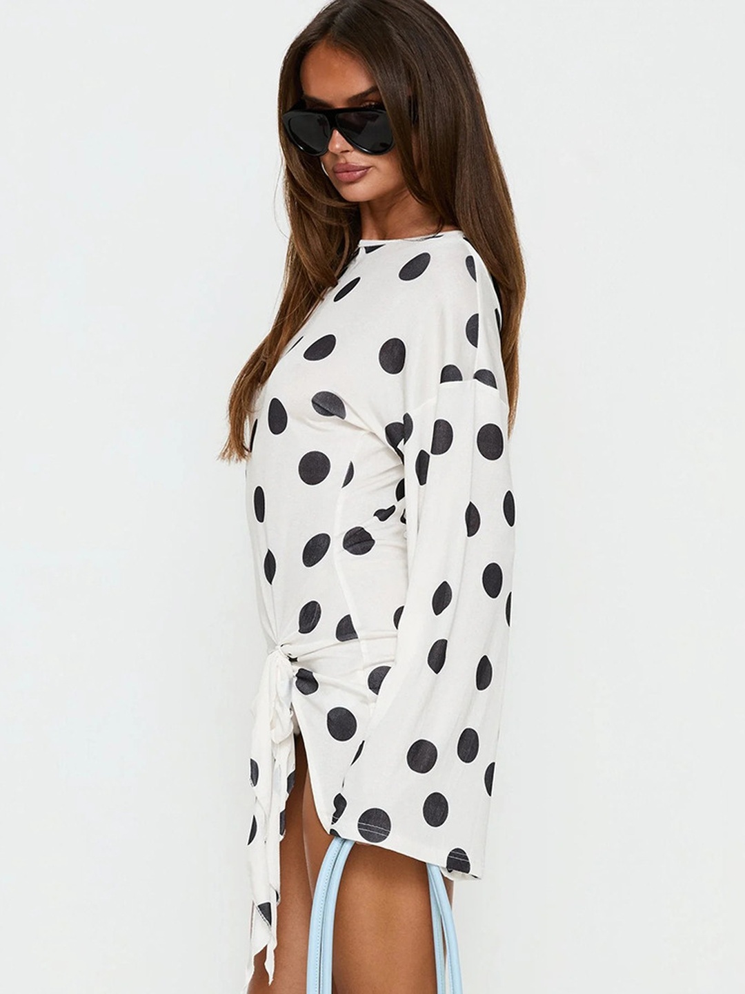 White Polka Dot T-Shirt Mini Dress with Long Sleeves