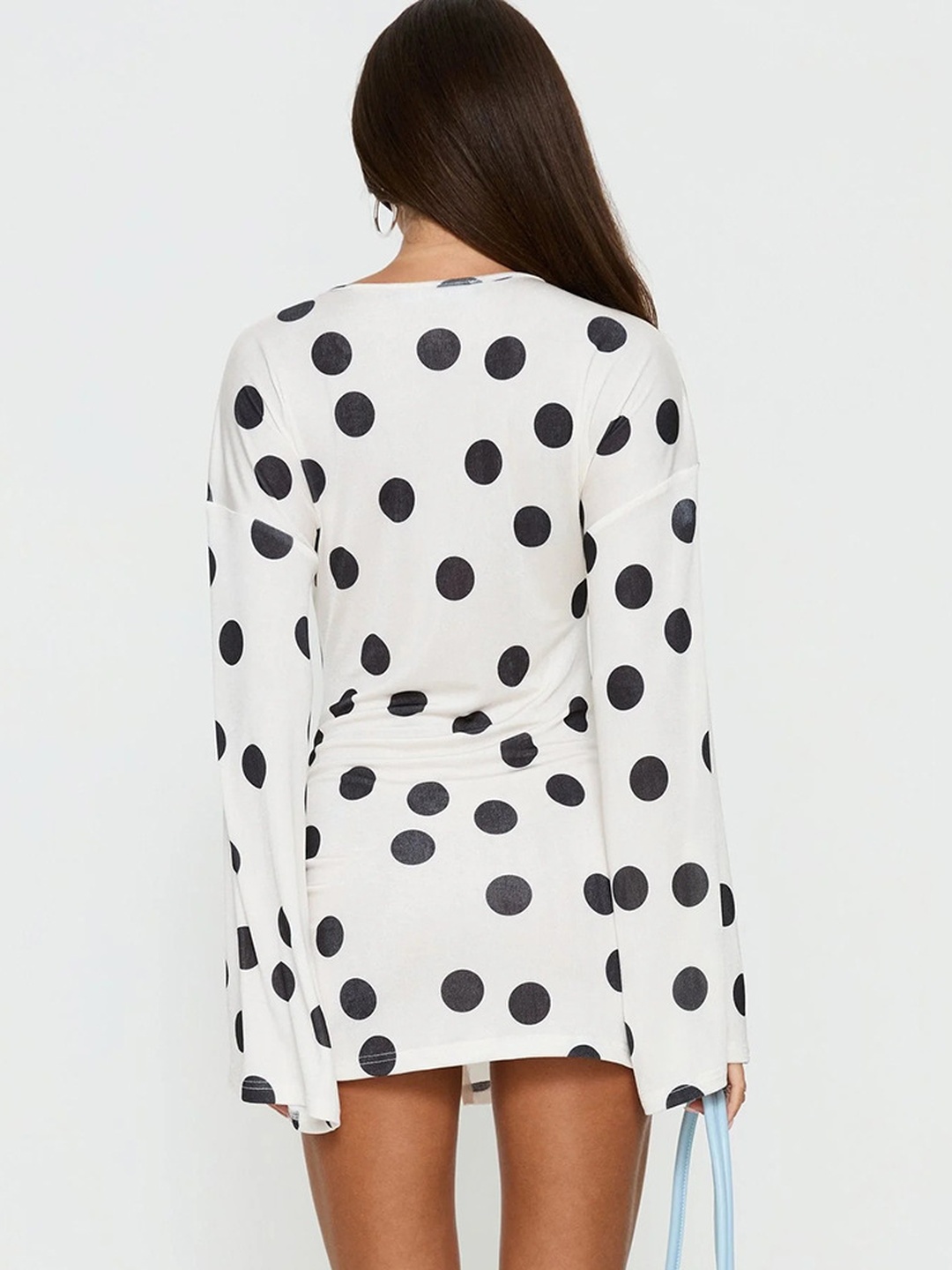 White Polka Dot T-Shirt Mini Dress with Long Sleeves
