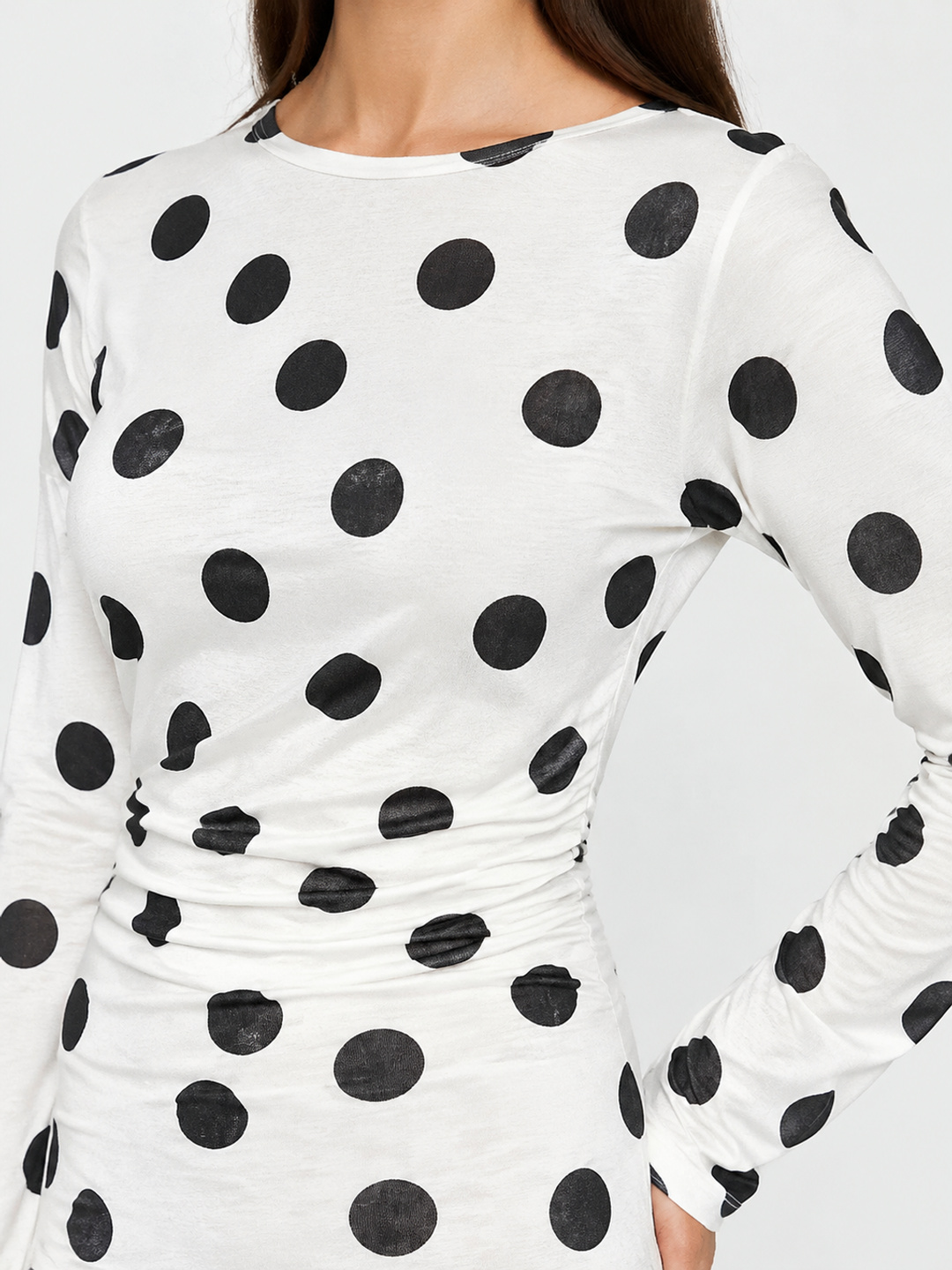 White Polka Dot T-Shirt Mini Dress with Long Sleeves