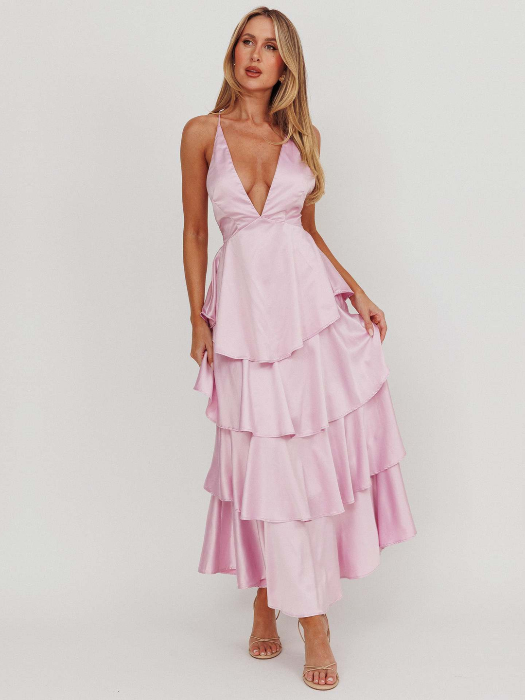 Light Pink Strappy Tiered Maxi Dress