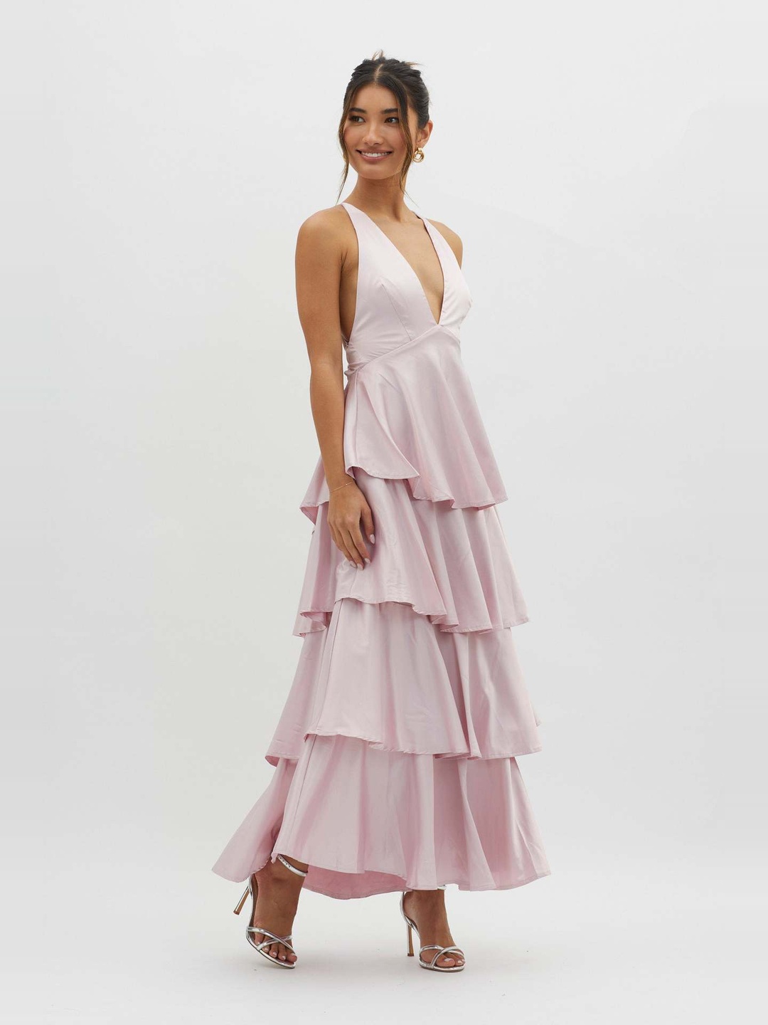 Light Pink Sleeveless Tiered Maxi Dress