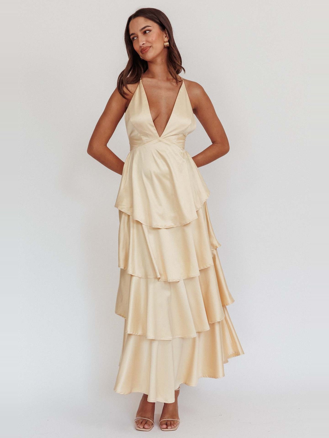 Nude Strappy Tiered Maxi Dress