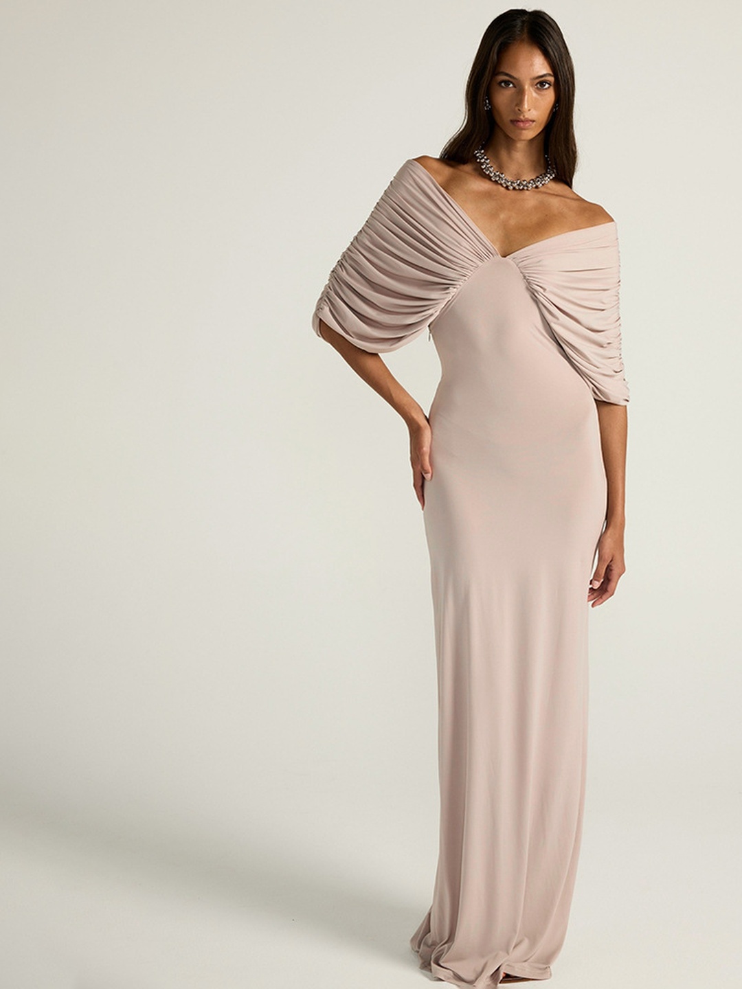 Beige Bodycon Maxi Dress with Draped Off-Shoulder Sleeves