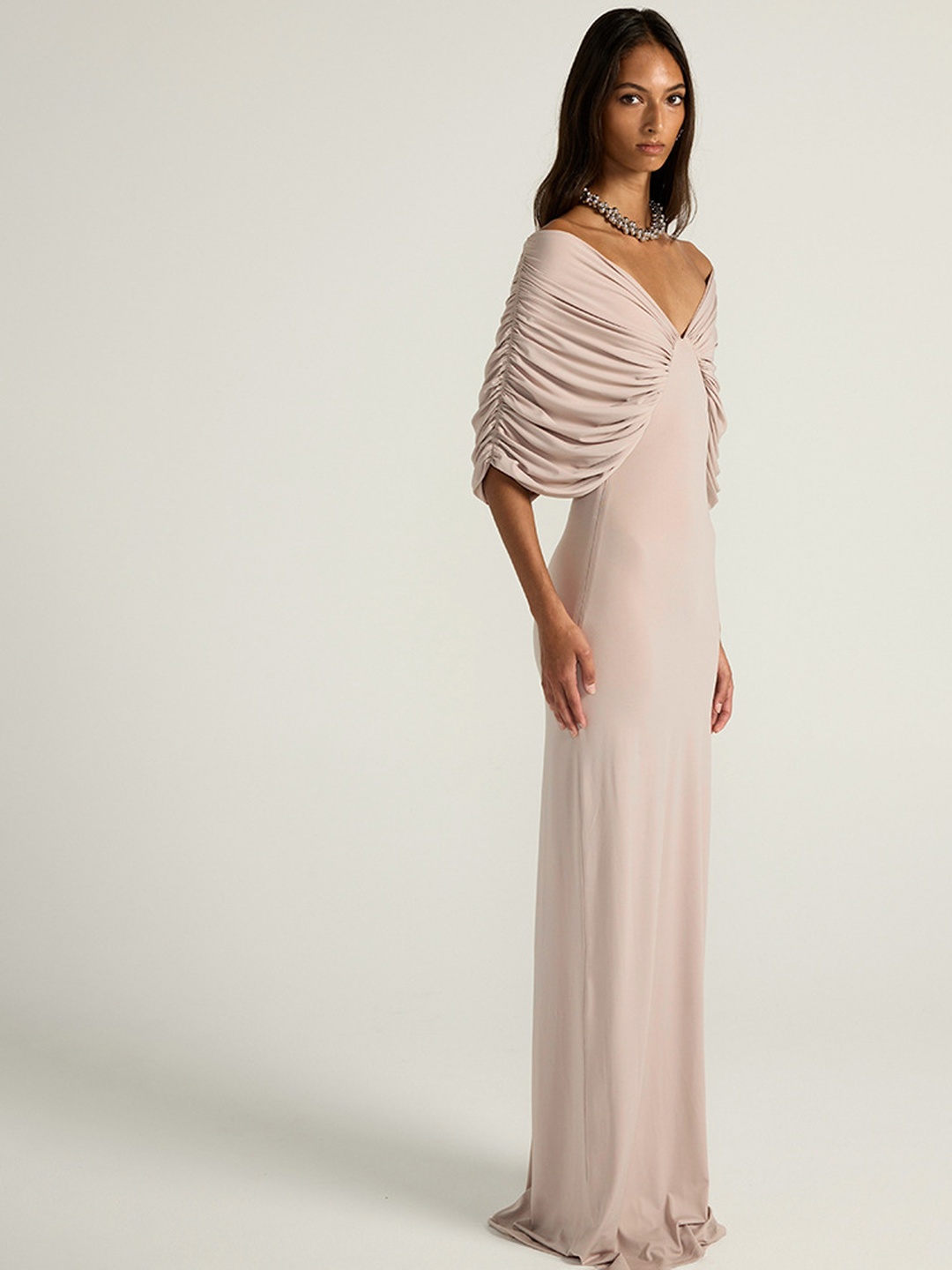 Beige Bodycon Maxi Dress with Draped Off-Shoulder Sleeves