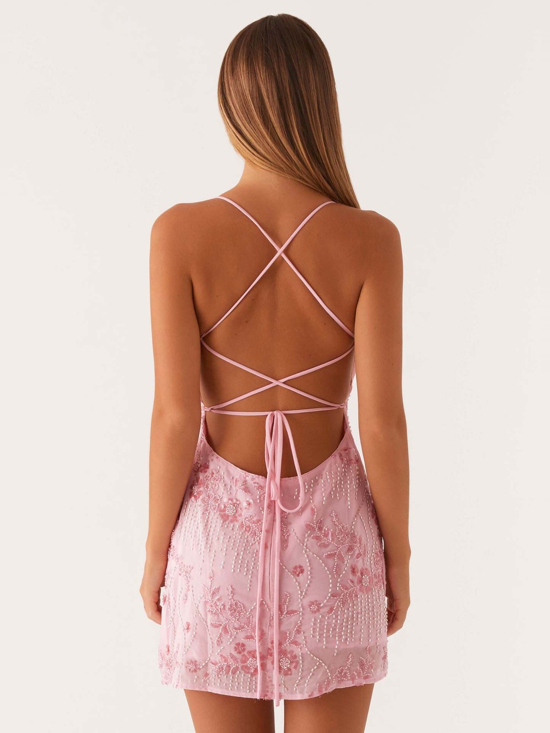 Pink Embroidered Strappy Bodycon Mini Dress