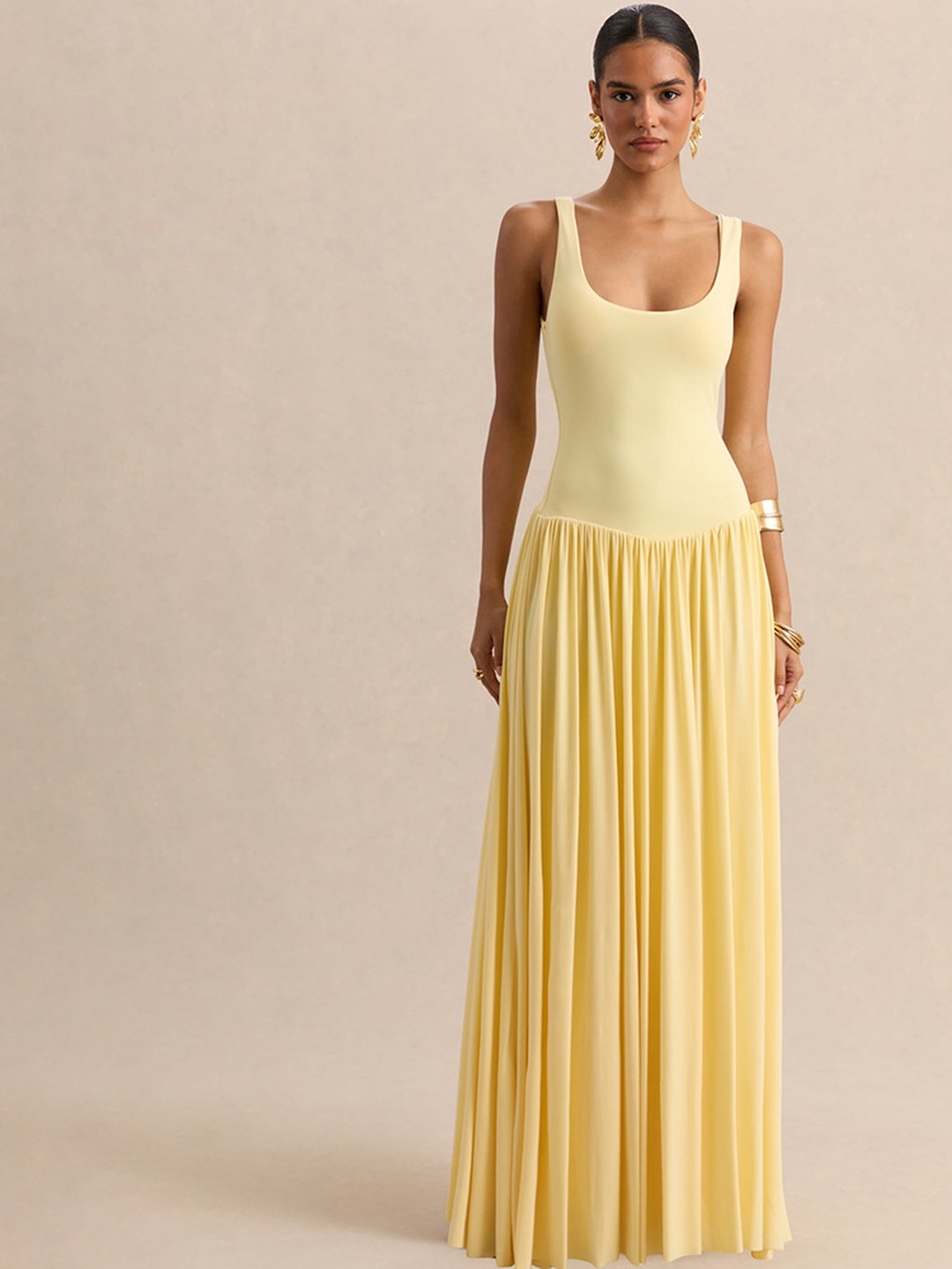 Pale Yellow Sleeveless Maxi Dress with Scarf Detail