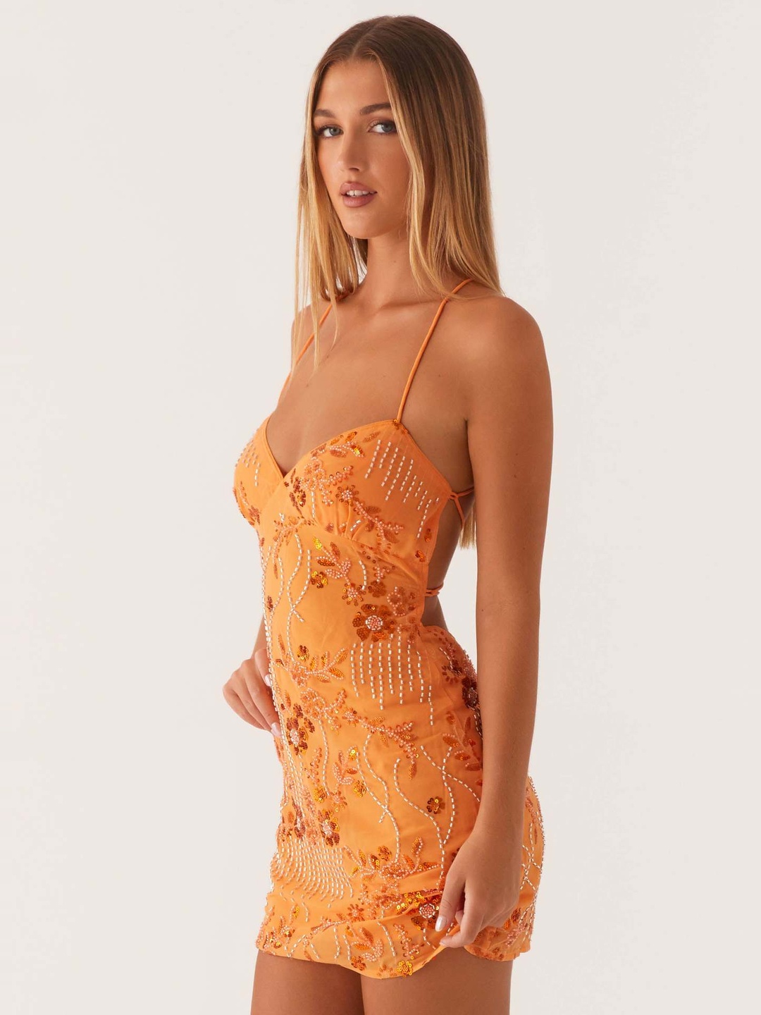 Orange Embellished Strappy Bodycon Mini Dress