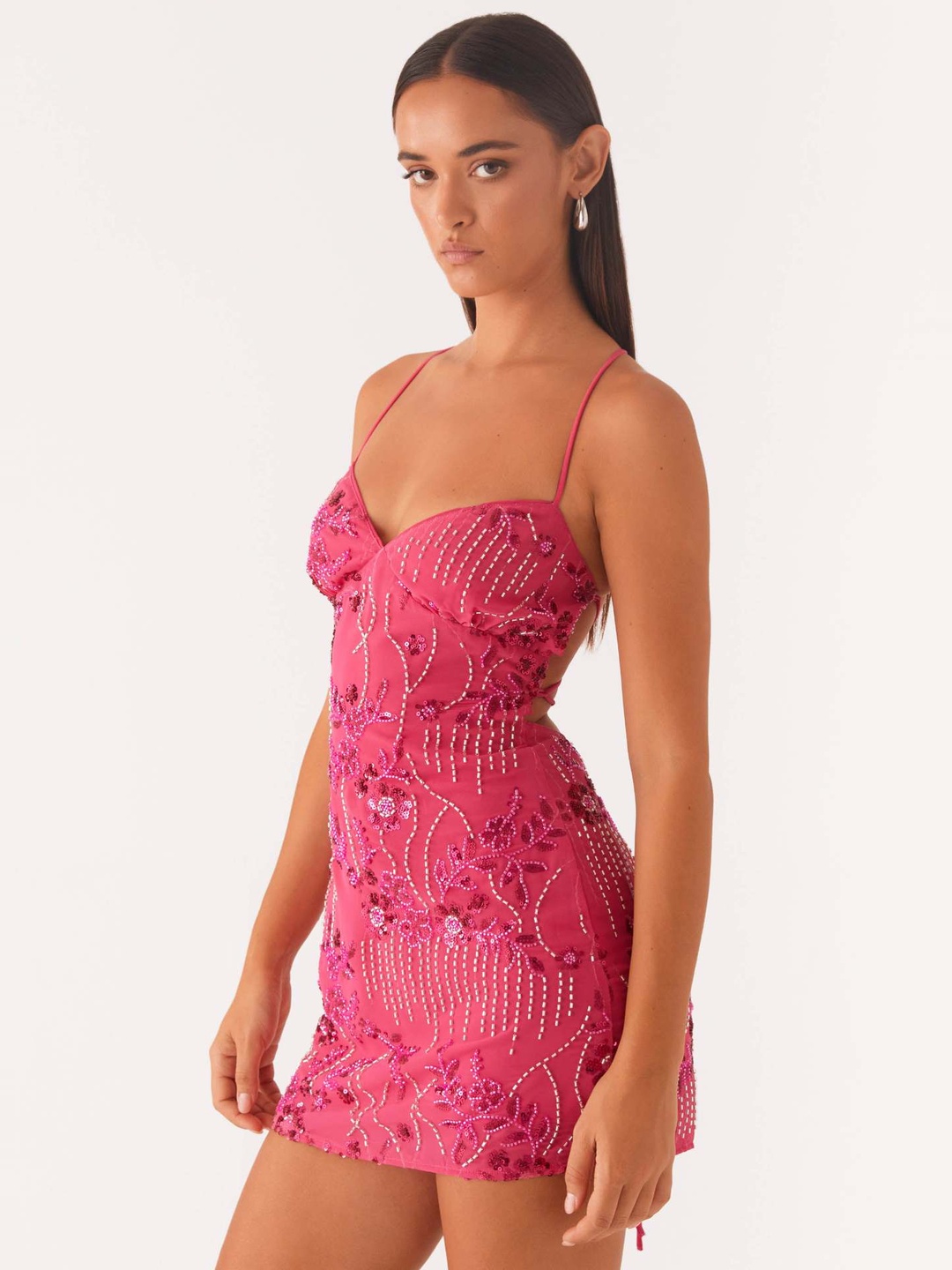 Pink Embroidered Strappy Bodycon Mini