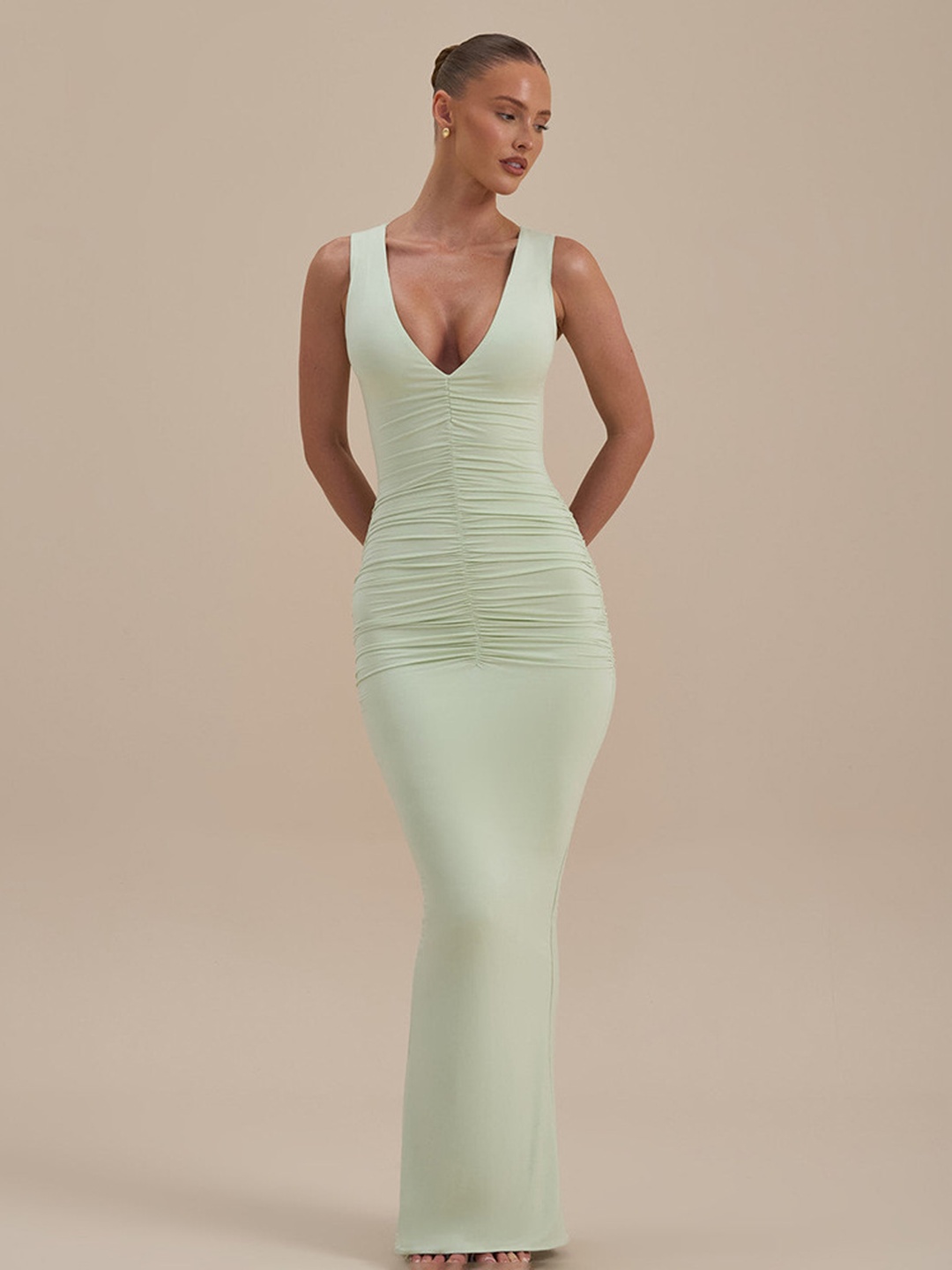 Green Sleeveless Ruched Bodycon Maxi Dress