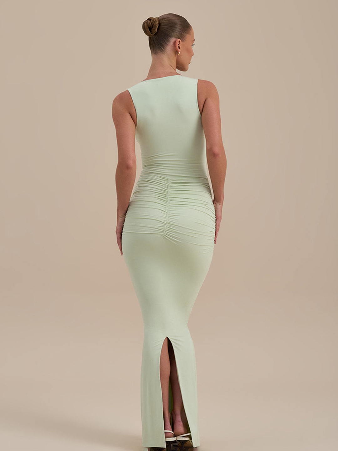 Green Sleeveless Ruched Bodycon Maxi Dress