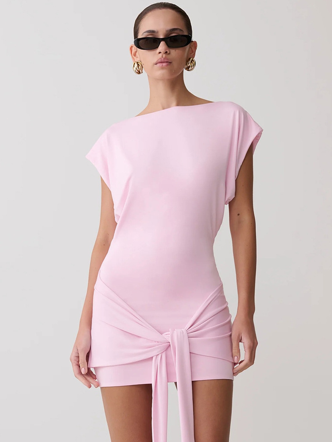 Light Pink Bodycon Mini Dress with Tie Front Detail