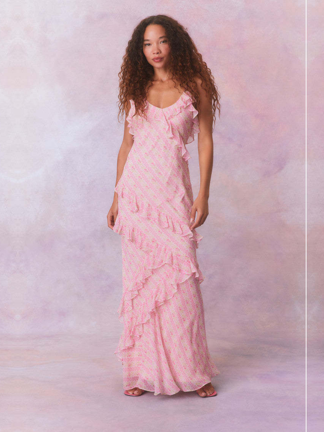 Pink Floral Strappy A-Line Maxi Dress