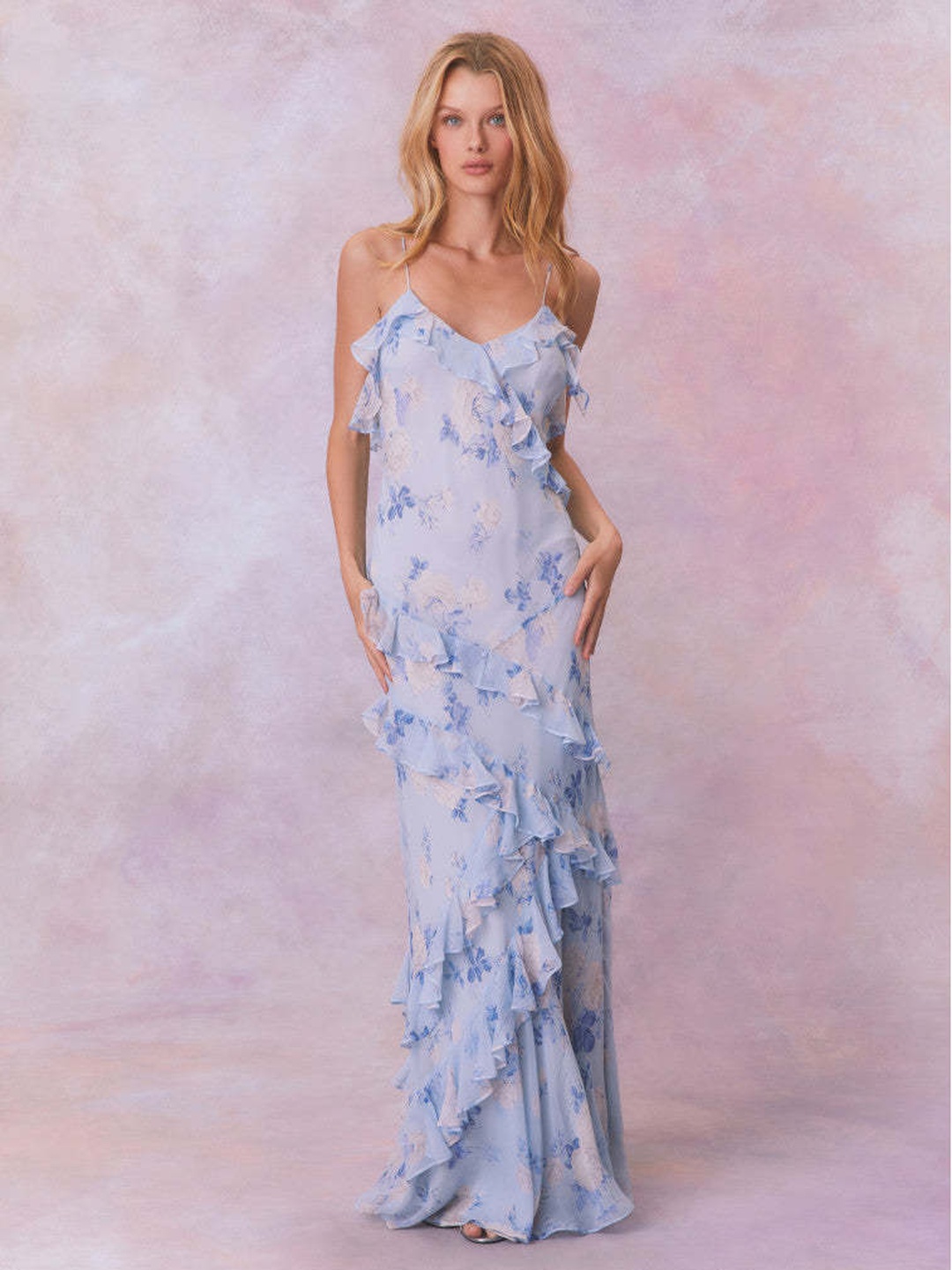 Light Blue Floral Maxi Dress with Tiered Ruffles