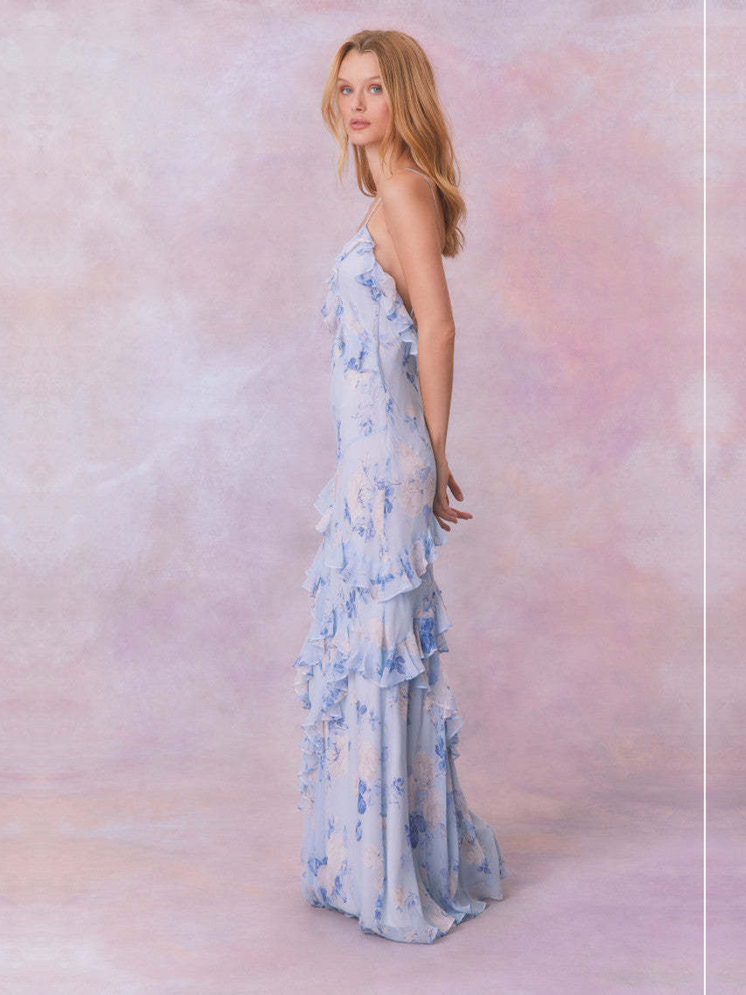 Light Blue Floral Maxi Dress with Tiered Ruffles