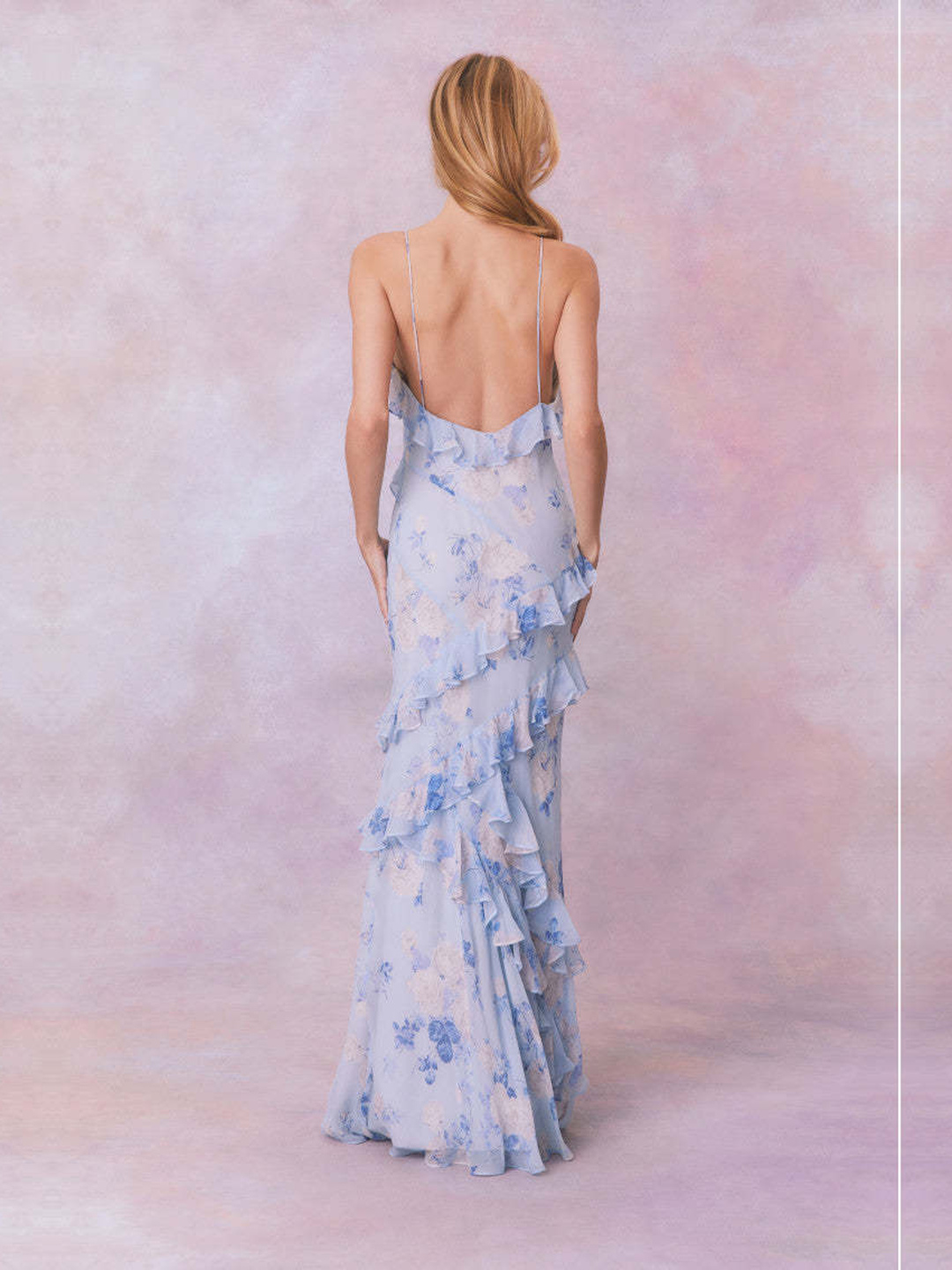 Light Blue Floral Maxi Dress with Tiered Ruffles