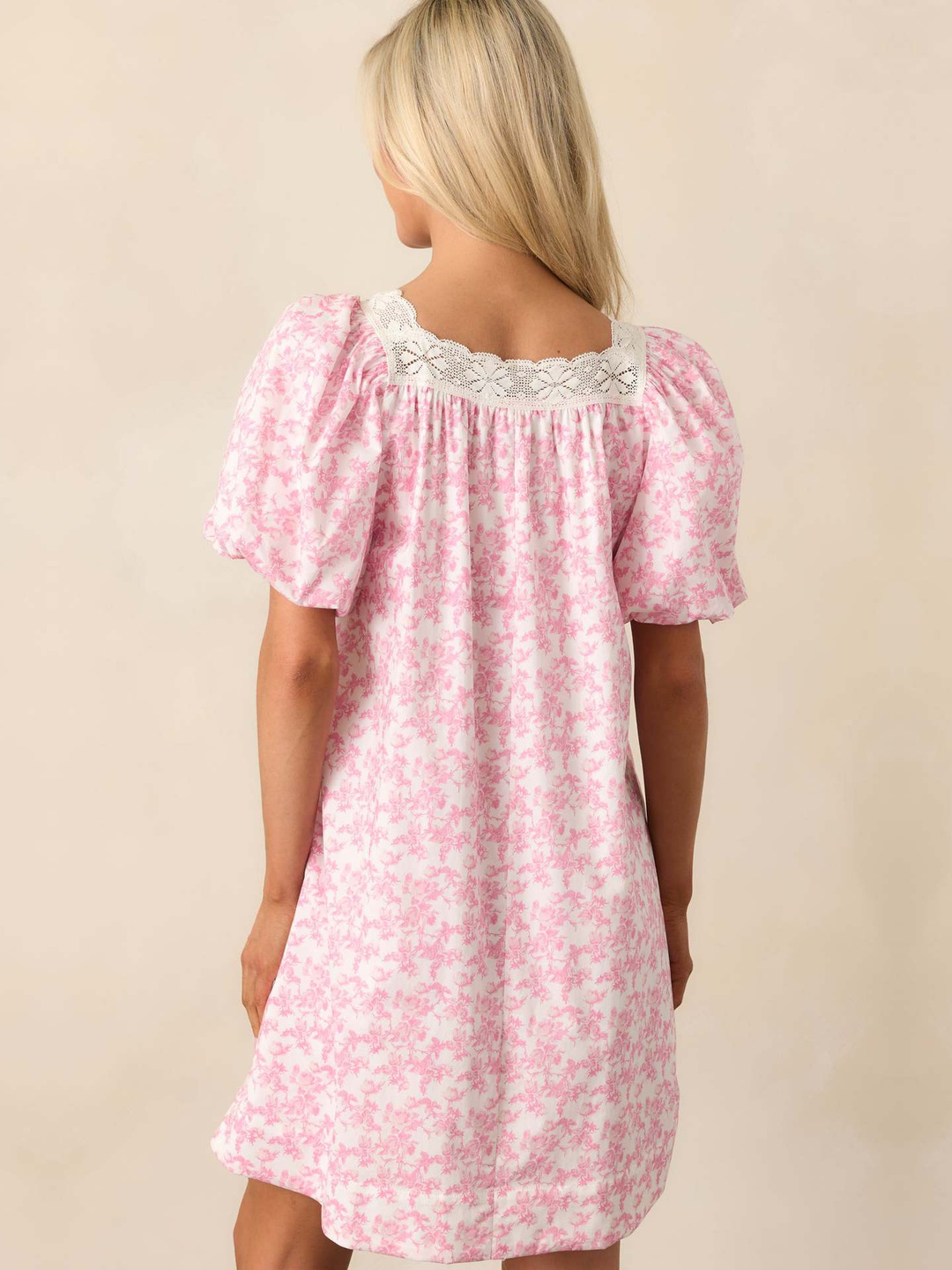 Pink Floral Mini Dress with Puff Sleeves and Bow