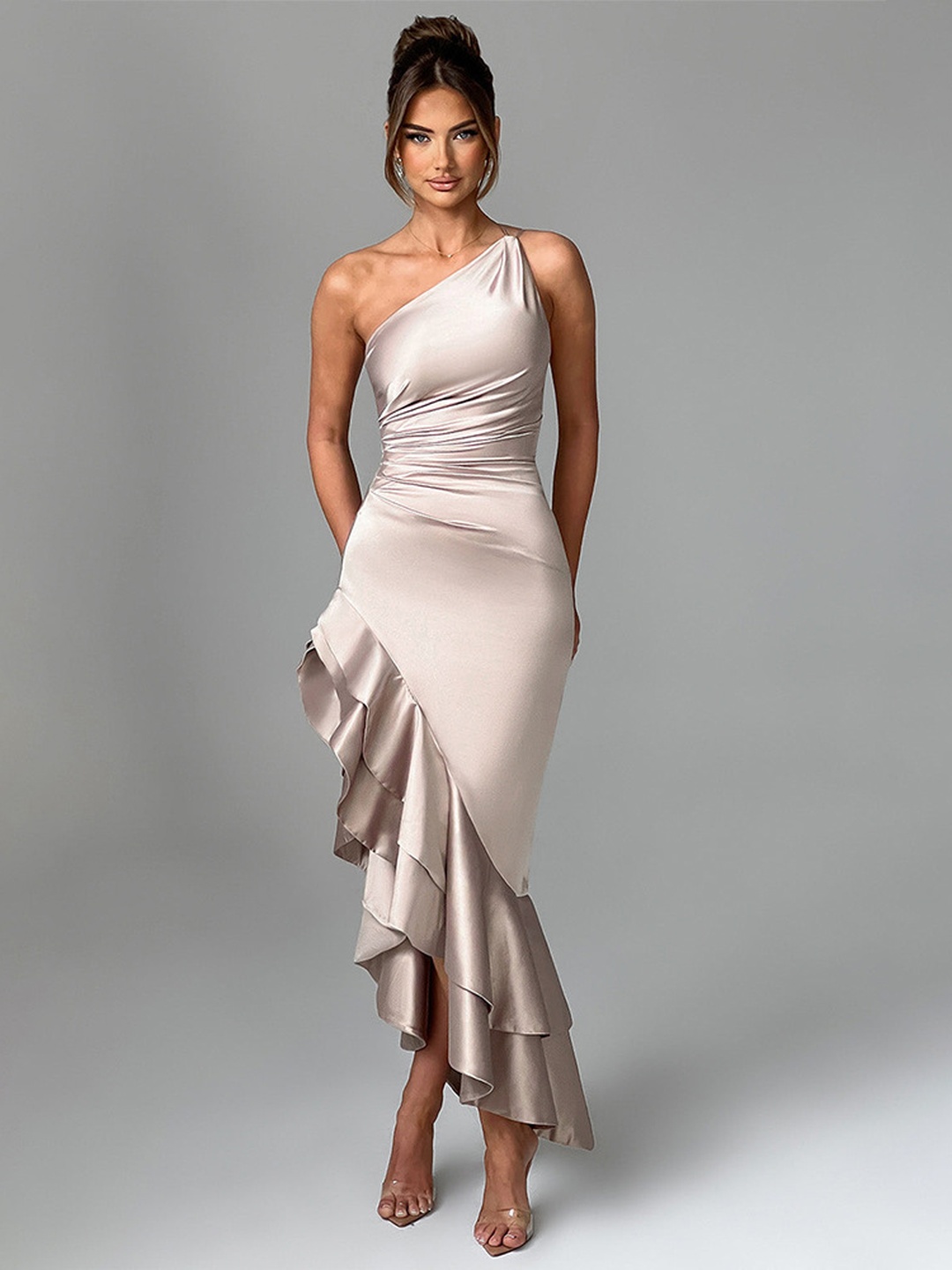 Beige One-Shoulder Maxi Dress with Ruffle Slit