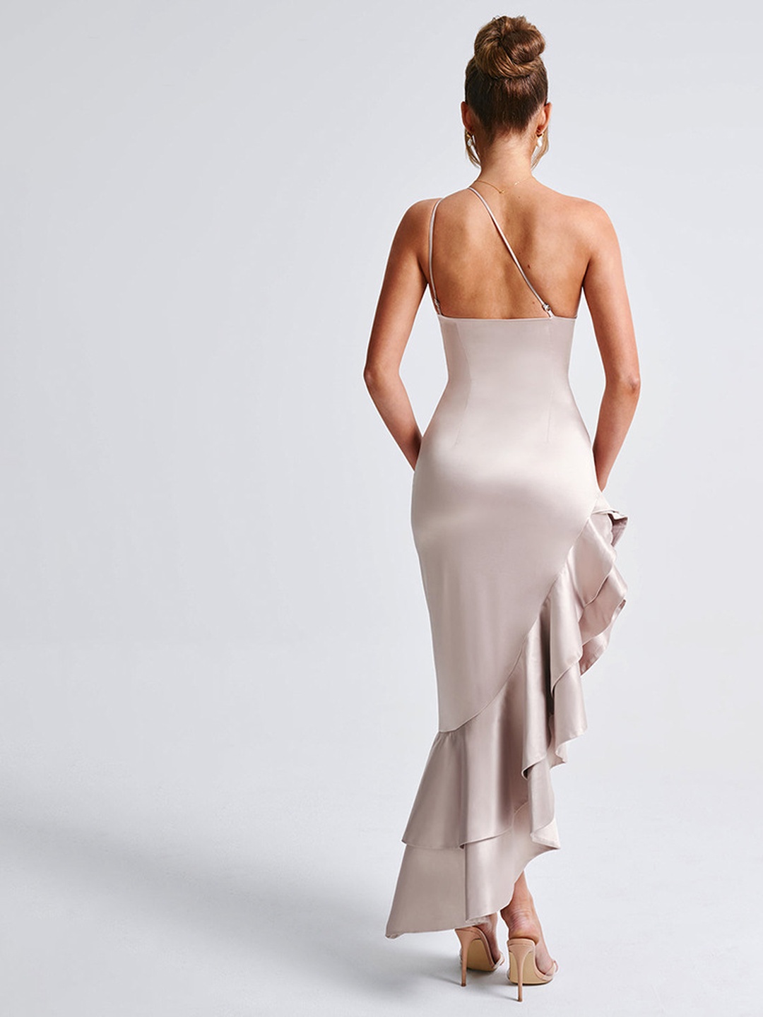 Beige One-Shoulder Maxi Dress with Ruffle Slit