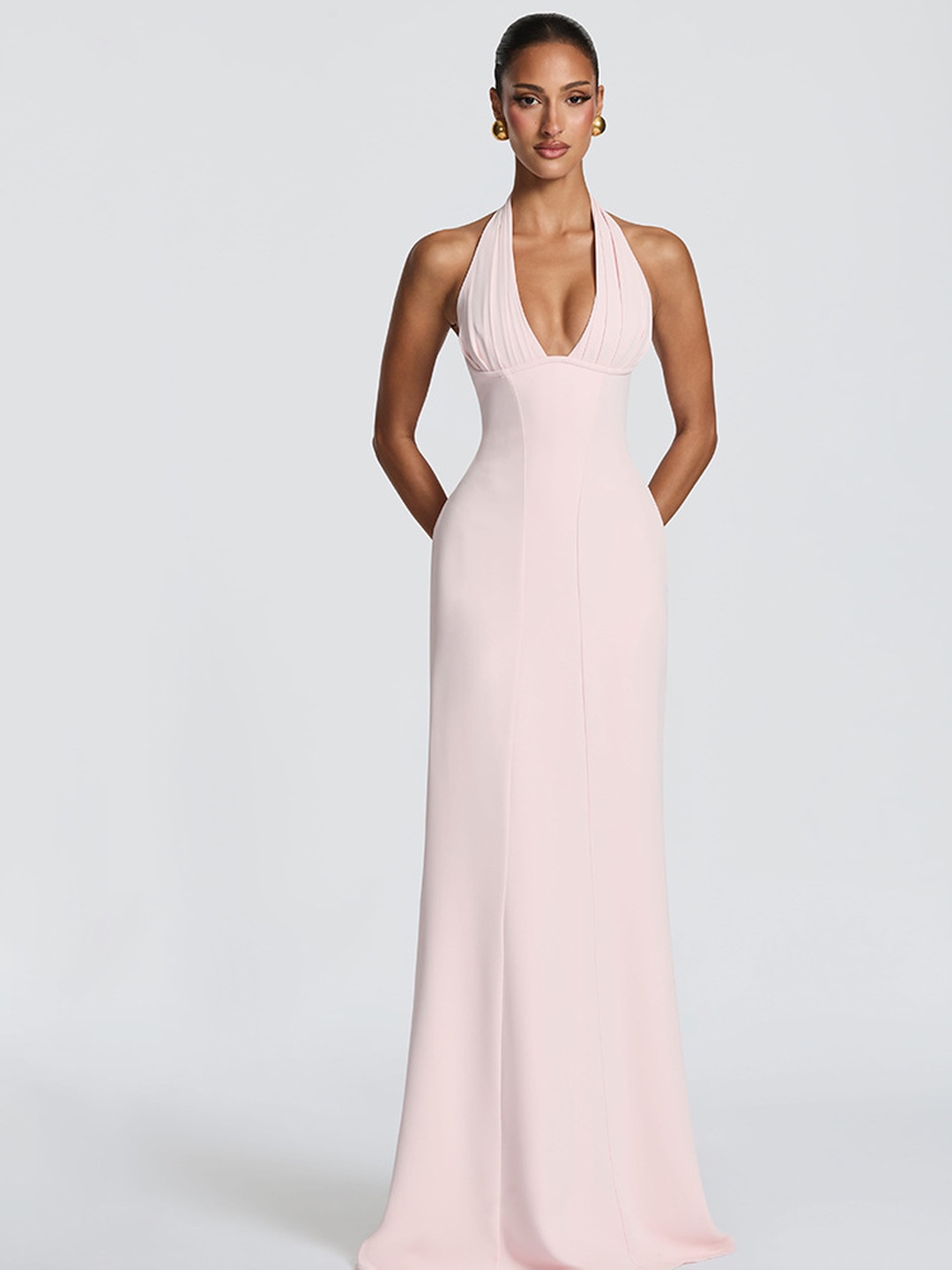 Light Pink Bodycon Maxi Dress with Halter Neck and Deep V Neck