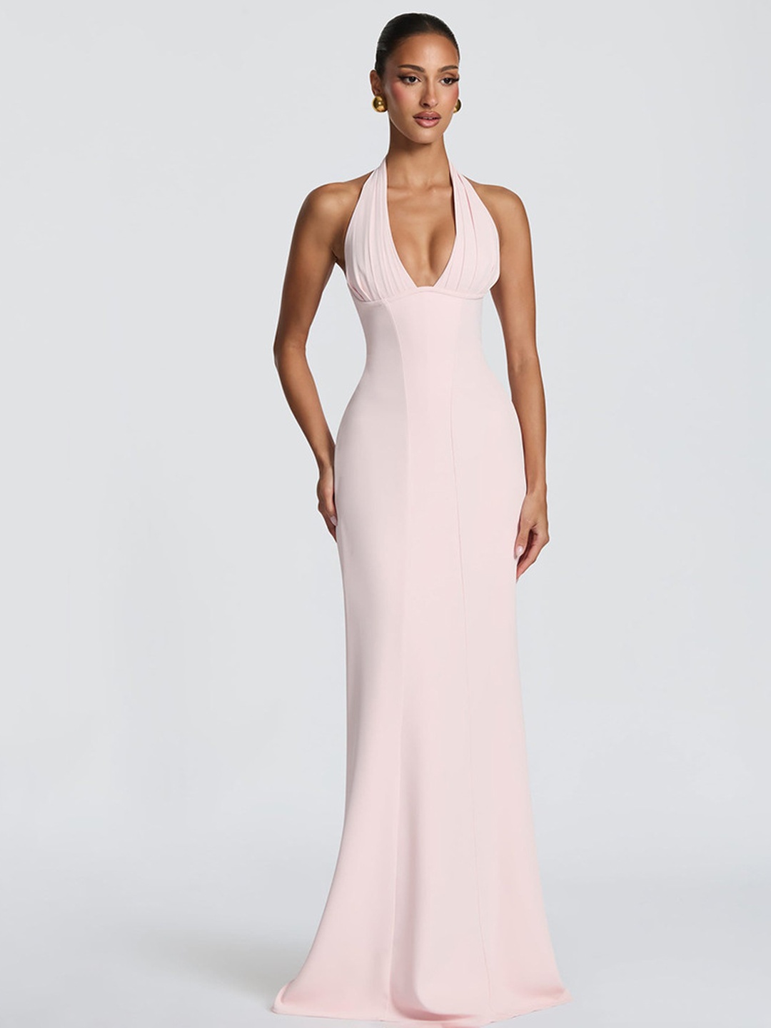 Light Pink Bodycon Maxi Dress with Halter Neck and Deep V Neck