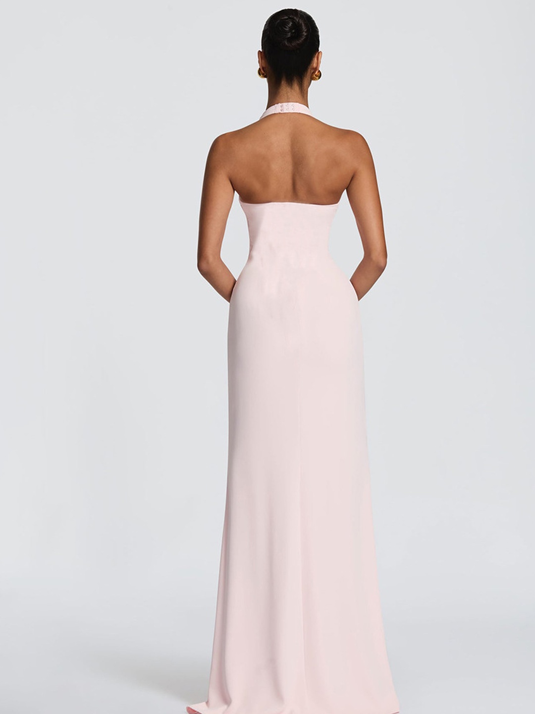 Light Pink Bodycon Maxi Dress with Halter Neck and Deep V Neck