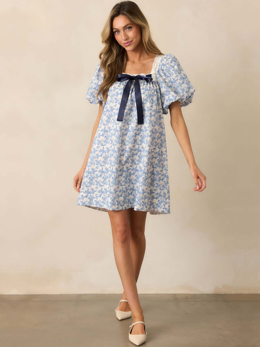 Light Blue Ditsy Floral Mini A-Line Dress with Puff Sleeves