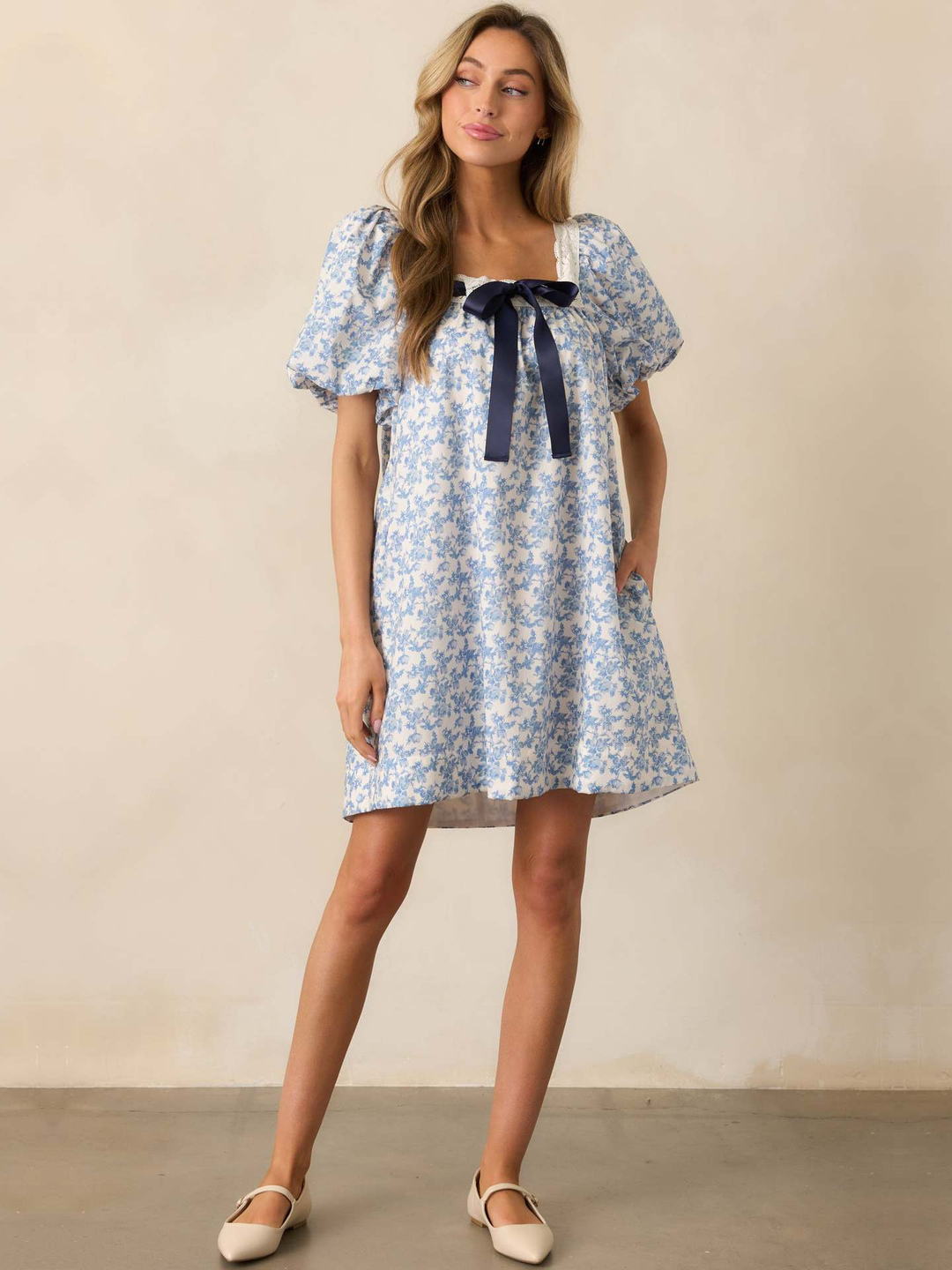 Light Blue Ditsy Floral Mini A-Line Dress with Puff Sleeves
