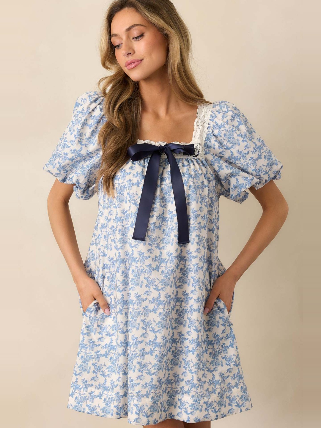 Light Blue Ditsy Floral Mini A-Line Dress with Puff Sleeves