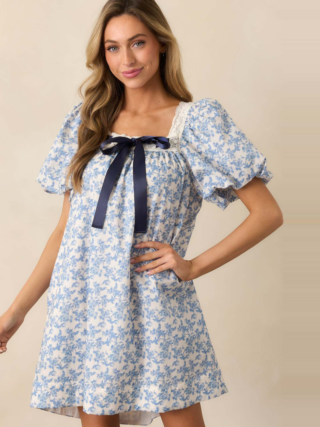 Light Blue Ditsy Floral Mini A-Line Dress with Puff Sleeves