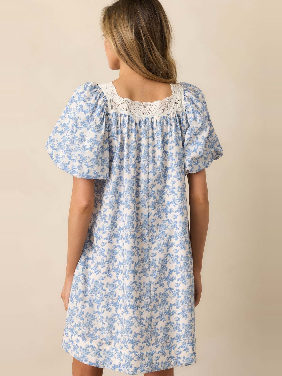 Light Blue Ditsy Floral Mini A-Line Dress with Puff Sleeves