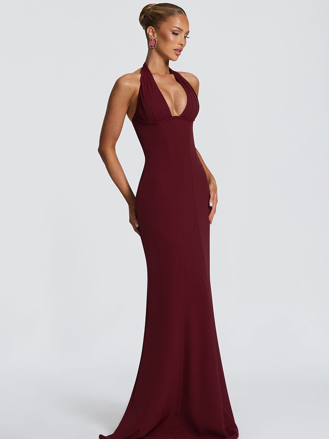 Burgundy Bodycon Maxi Dress with Halter Neck