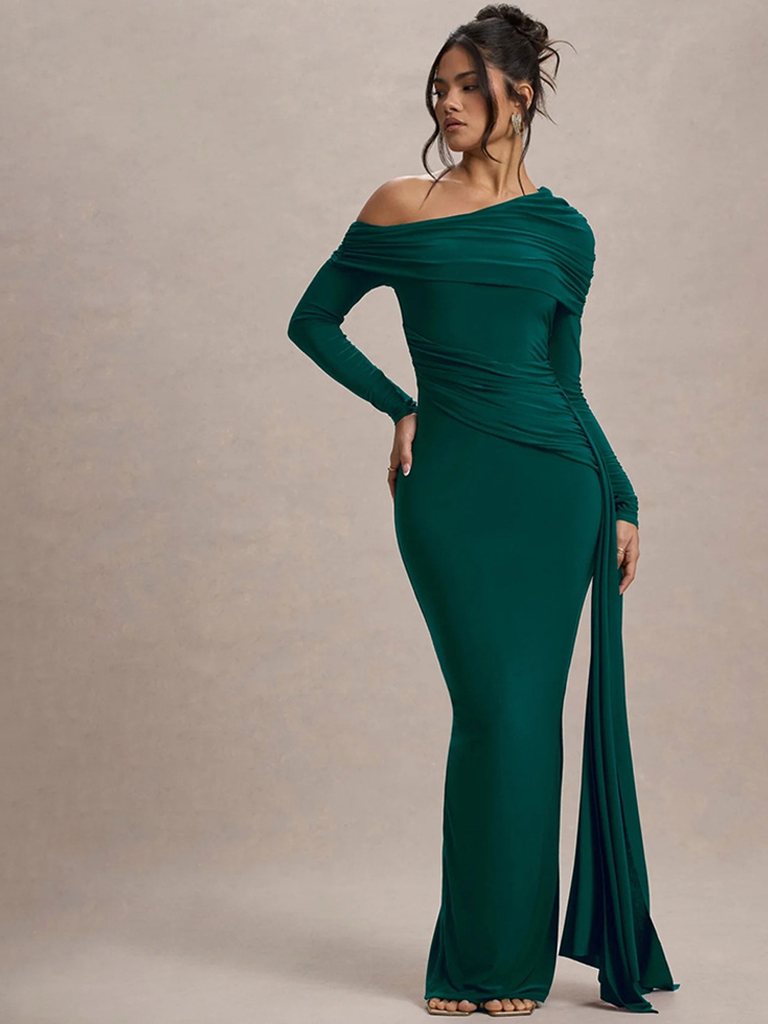 Dark Green Ruched Bodycon Maxi Dress with Long Sleeves