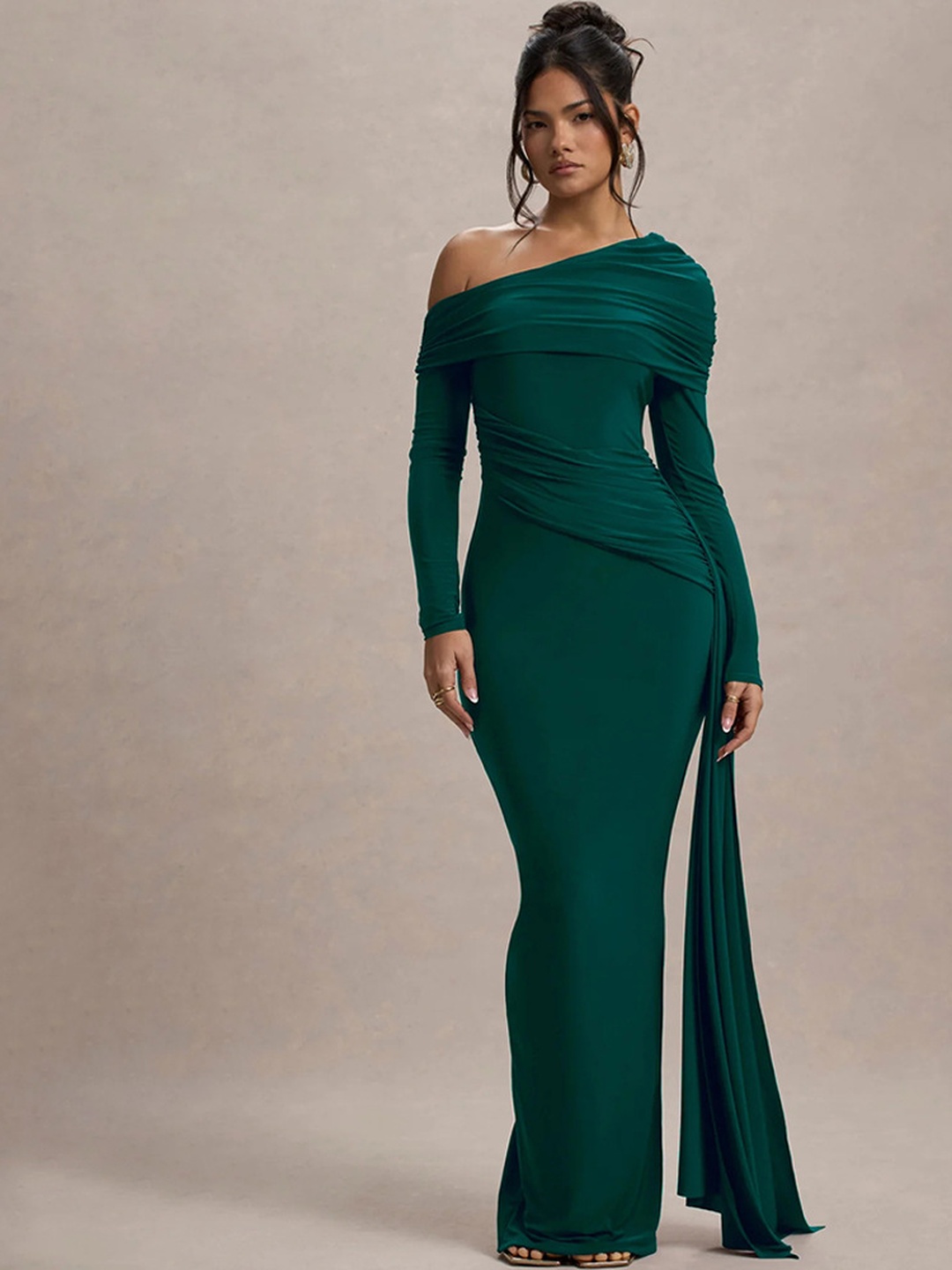 Dark Green Ruched Bodycon Maxi Dress with Long Sleeves
