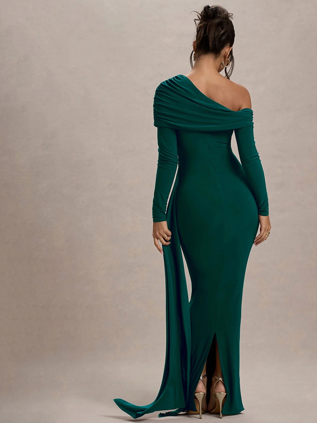 Dark Green Ruched Bodycon Maxi Dress with Long Sleeves