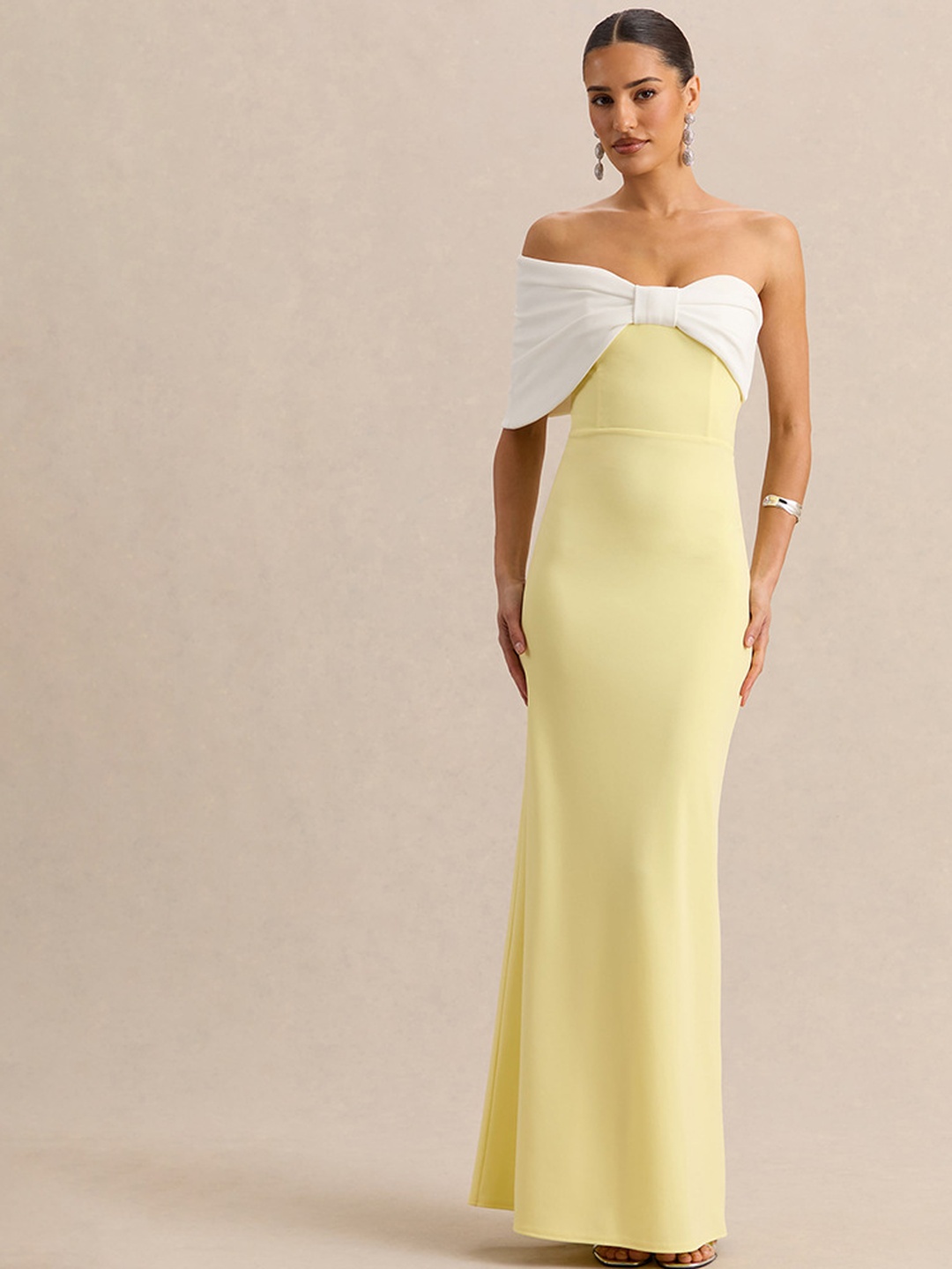 Yellow and White Color Block Strapless Maxi Dress