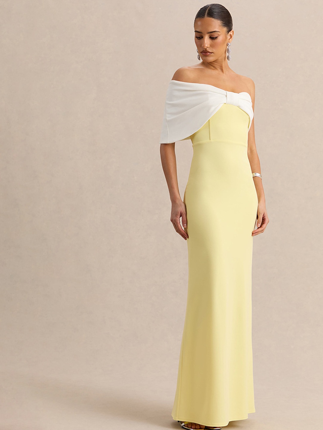 Yellow and White Color Block Strapless Maxi Dress