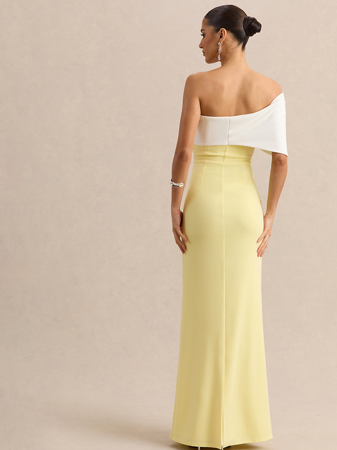 Yellow and White Color Block Strapless Maxi Dress